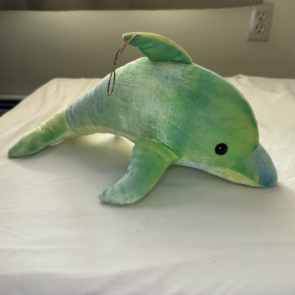 VTG Carousel Toy Dolphin Plush 13” Shiny Pastel Tie Dye Stuffed Animal Ornament
